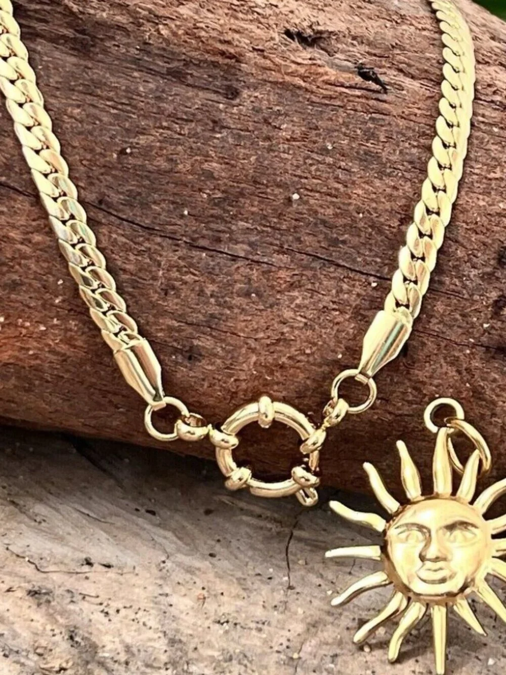 18K Gold Plate Herringbone Charm Holder Necklace Stainless Steel Women’s Jewelry